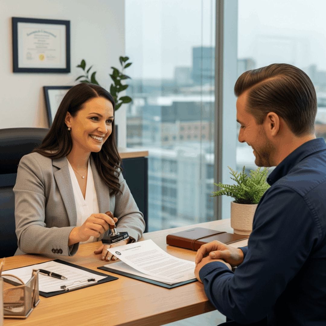 A professional notary public and a client smiling as they complete a notarization process at a modern desk. A professional notary public and a client smiling as they complete a notarization process at a modern desk.