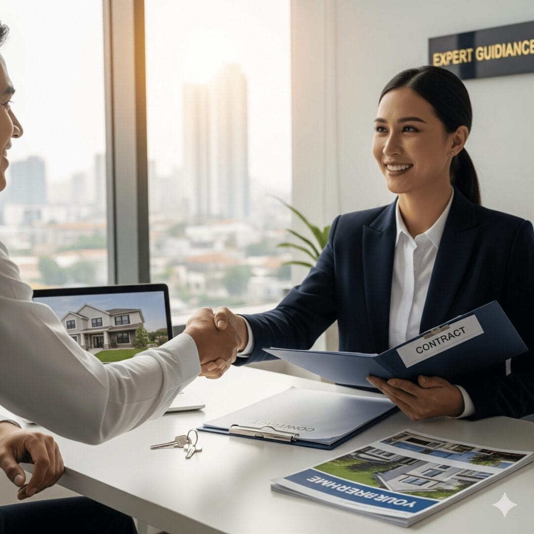 A professional notary public and a client smiling as they complete a notarization process at a modern desk.