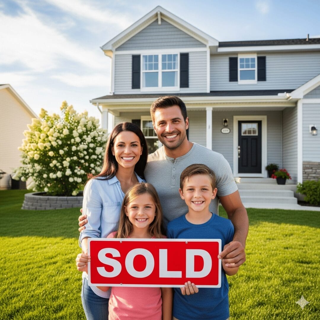 A smiling family of four stands in front of a new two-story house, holding a red "SOLD" sign, conveying happiness and excitement about their new home.