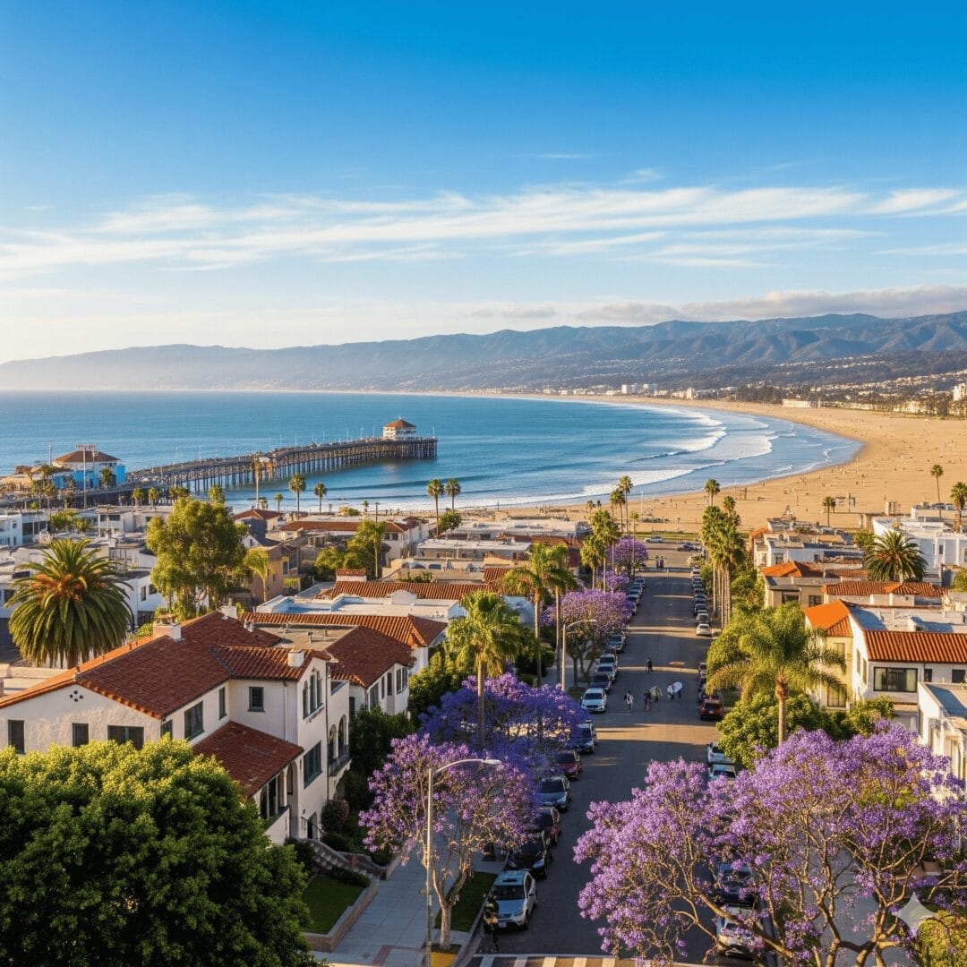 Gemini_Generated_Image_t4m8hzt4m8hzt4m8 1 1 A scenic coastal view showcasing the vibrant Ventura lifestyle with palm trees, jacaranda blooms, a long pier, golden sand, and mountains under a clear blue sky.